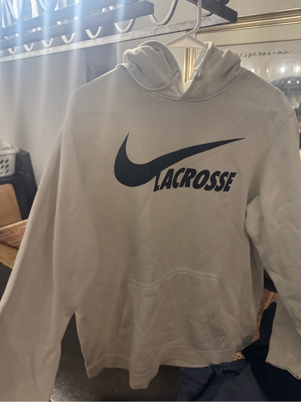 Nike White Crewneck Hoodie with Black Swoosh Lacrosse Graphic